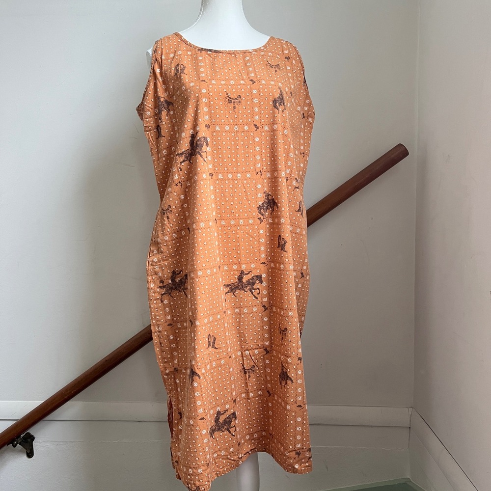 Vintage Western Horse Rider Print Novelty Dress Orange Midi Pockets Country Folk